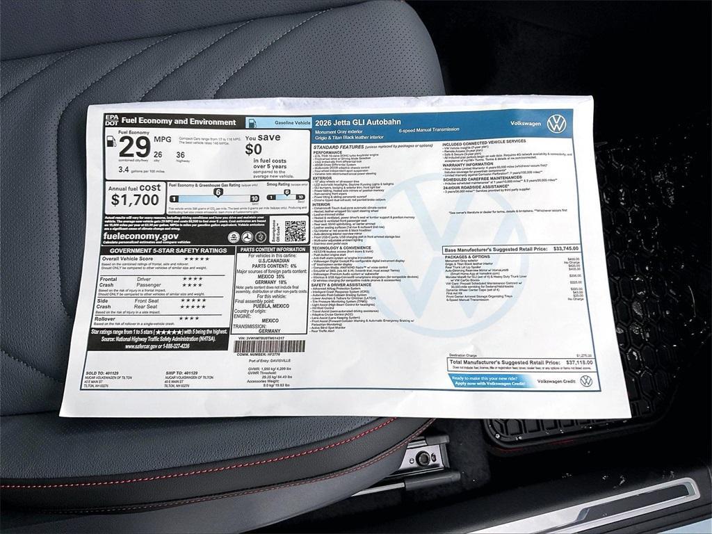 new 2026 Volkswagen Jetta GLI car, priced at $37,118
