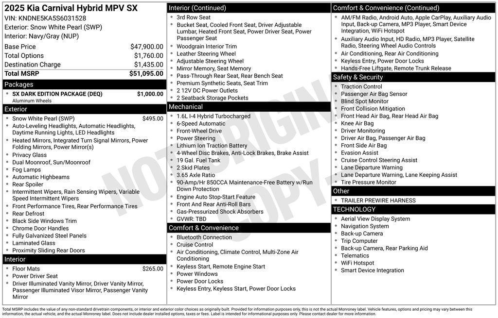 new 2025 Kia Carnival Hybrid car, priced at $48,183