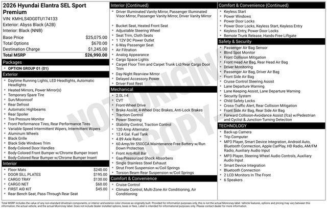 new 2026 Hyundai Elantra car, priced at $26,337