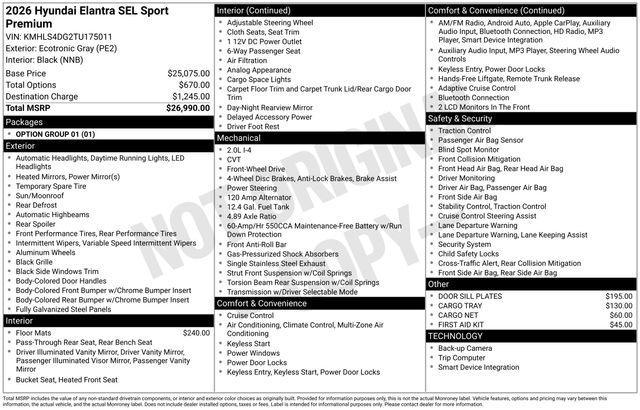 new 2026 Hyundai Elantra car, priced at $26,337