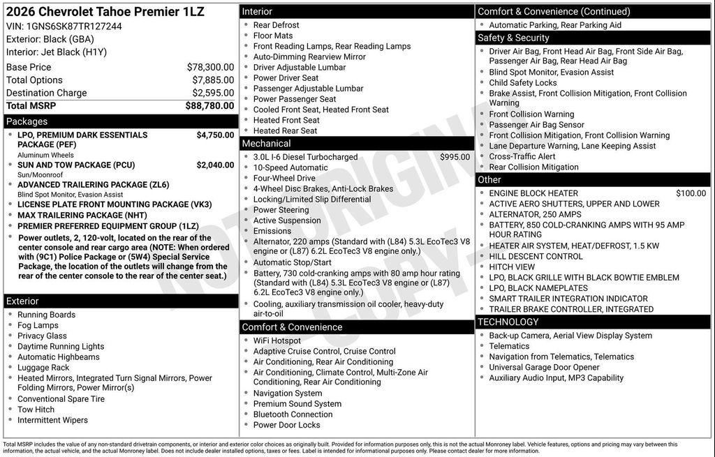 new 2026 Chevrolet Tahoe car, priced at $85,425