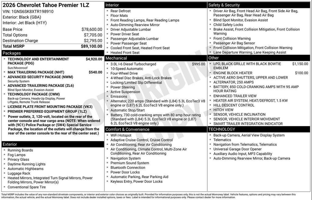 new 2026 Chevrolet Tahoe car, priced at $89,495