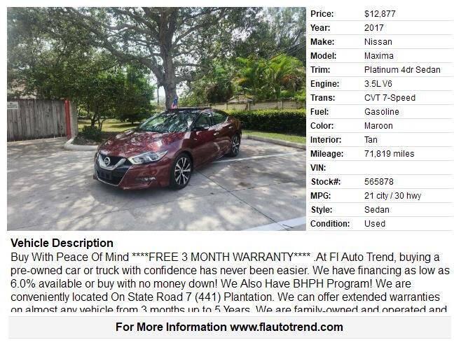 used 2017 Nissan Maxima car, priced at $11,995