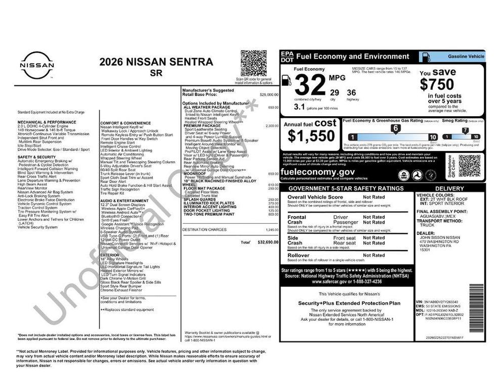 new 2026 Nissan Sentra car, priced at $30,332