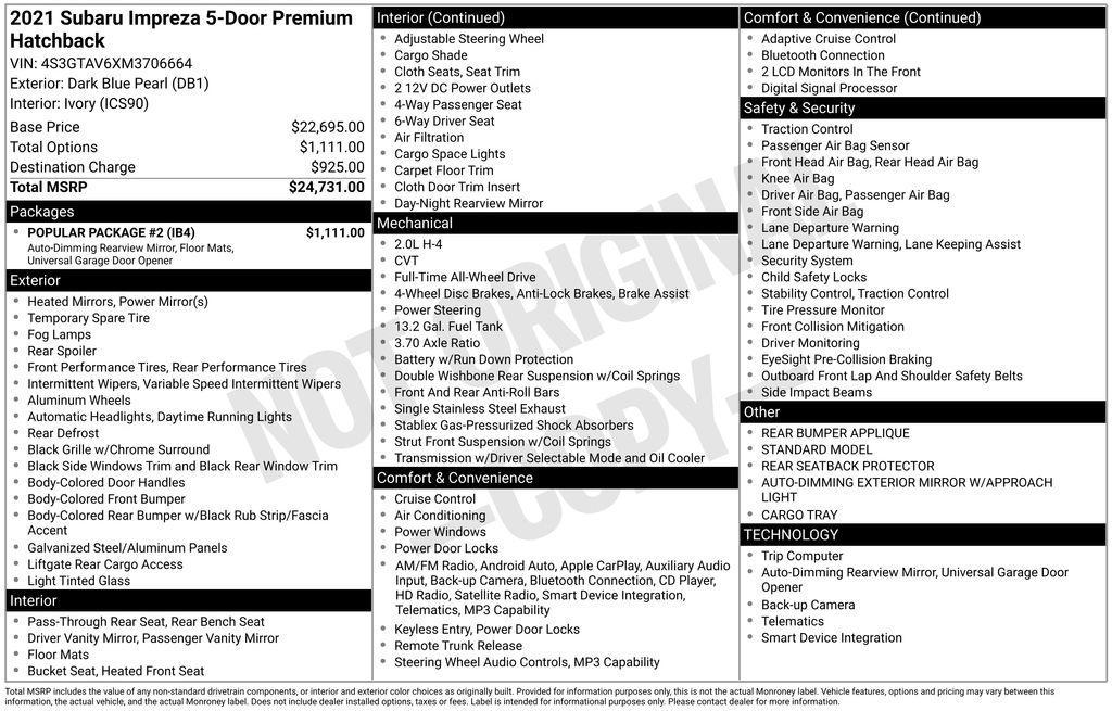 used 2021 Subaru Impreza car, priced at $17,330