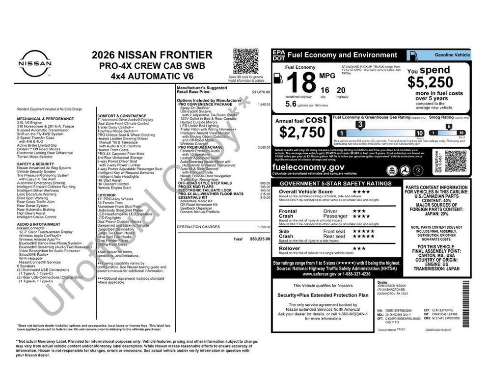 new 2026 Nissan Frontier car, priced at $45,014
