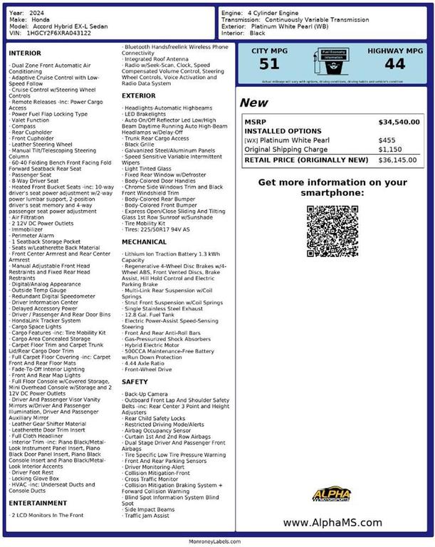 used 2024 Honda Accord Hybrid car, priced at $26,000