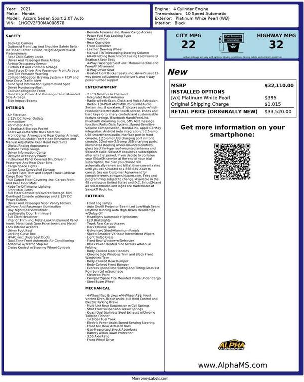 used 2021 Honda Accord car, priced at $22,999