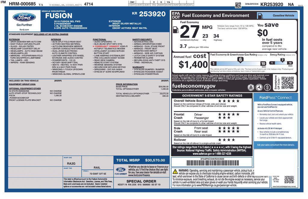 used 2019 Ford Fusion car, priced at $12,287