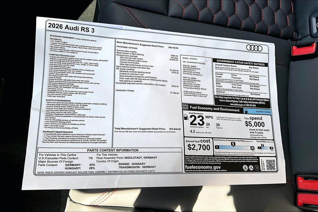 new 2026 Audi RS 3 car, priced at $75,640