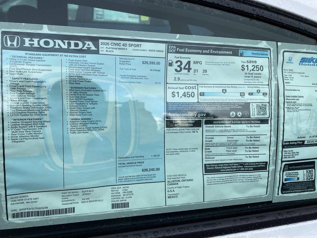new 2026 Honda Civic car, priced at $28,245