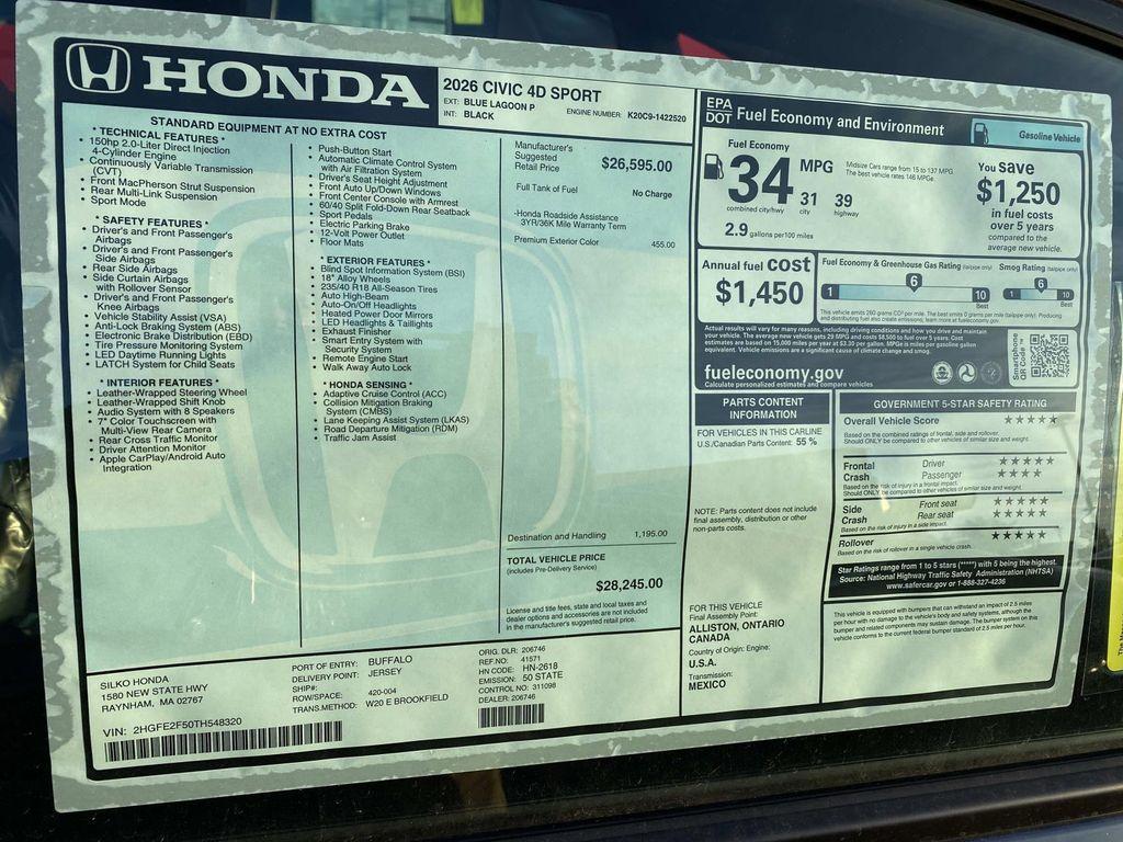 new 2026 Honda Civic car, priced at $28,245