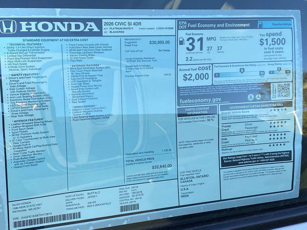 new 2026 Honda Civic Si car, priced at $32,645