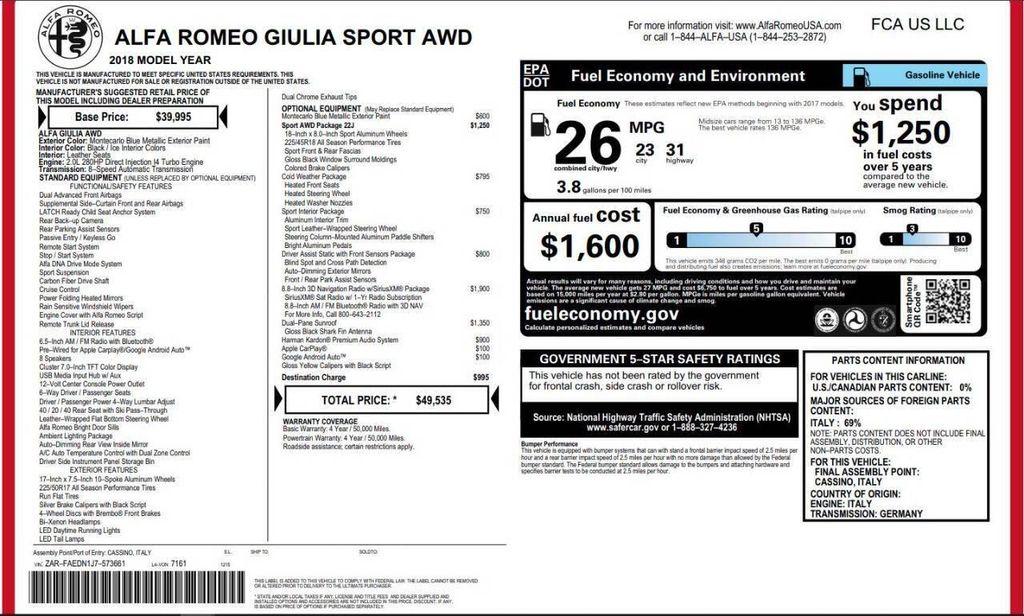 used 2018 Alfa Romeo Giulia car, priced at $13,995