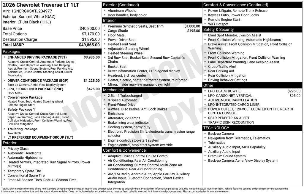 new 2026 Chevrolet Traverse car, priced at $44,325