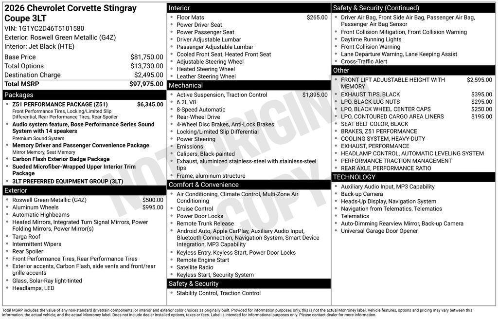 new 2026 Chevrolet Corvette car, priced at $97,475