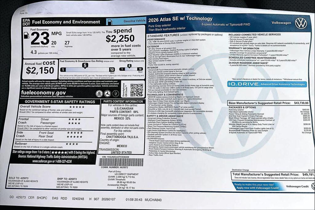 new 2026 Volkswagen Atlas car, priced at $47,586