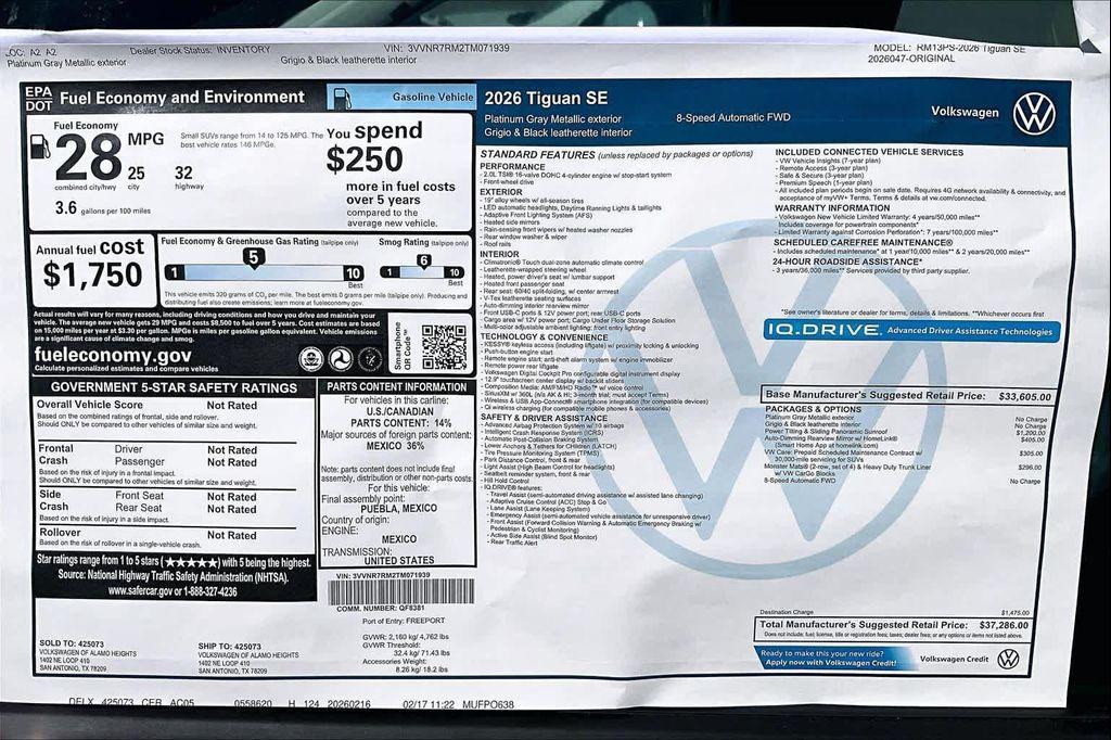 new 2026 Volkswagen Tiguan car, priced at $36,193