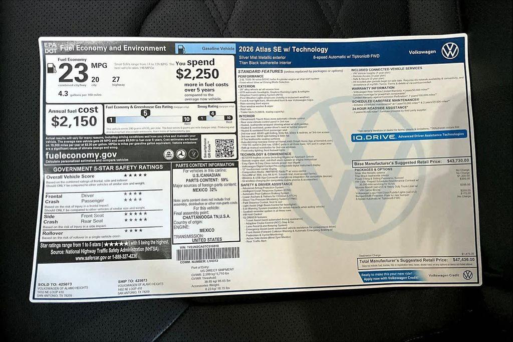 new 2026 Volkswagen Atlas car, priced at $45,841