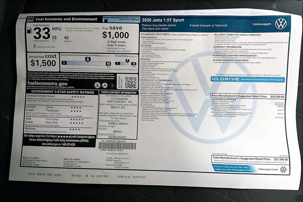 new 2026 Volkswagen Jetta car, priced at $26,564