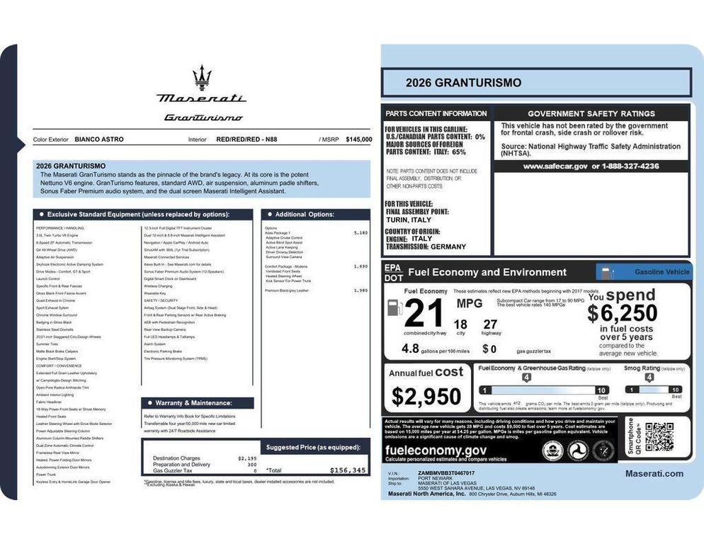 new 2026 Maserati GranTurismo car, priced at $156,345