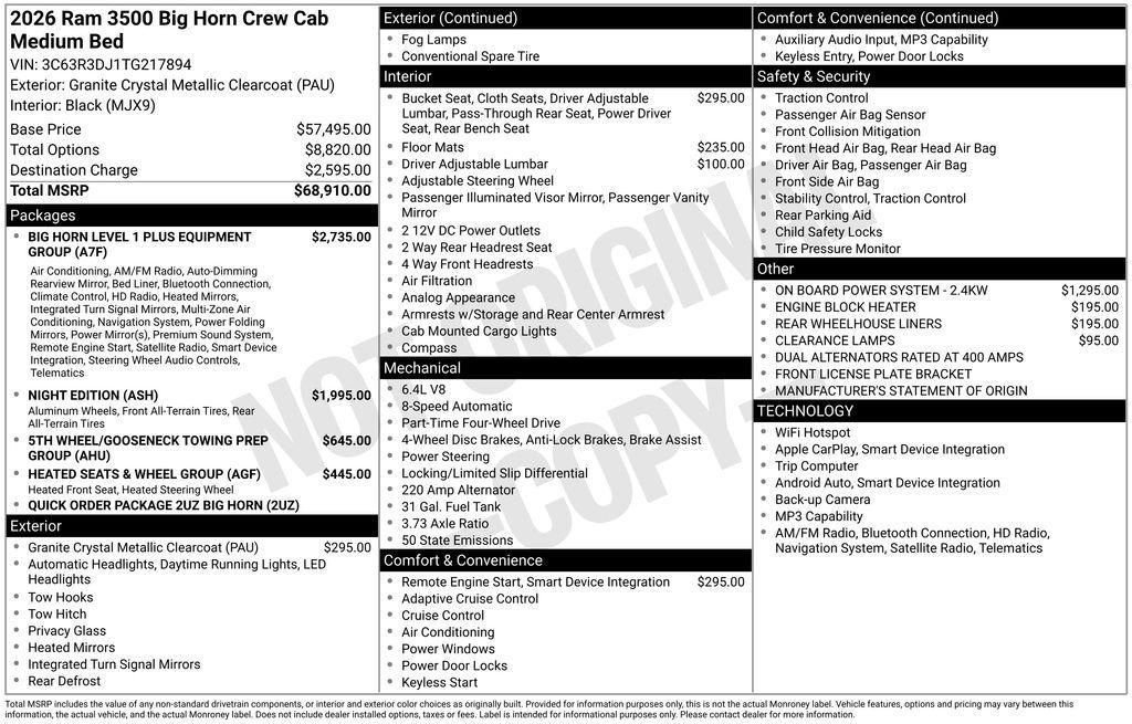 new 2026 Ram 3500 car, priced at $60,810