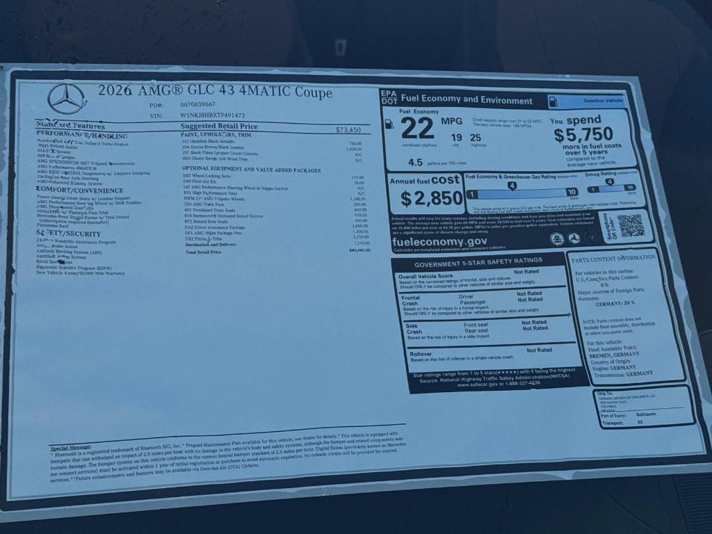 new 2026 Mercedes-Benz AMG GLC 43 car, priced at $85,985