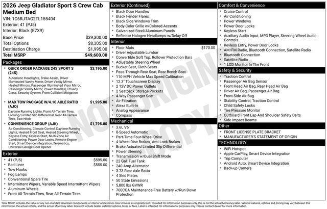 new 2026 Jeep Gladiator car, priced at $43,630