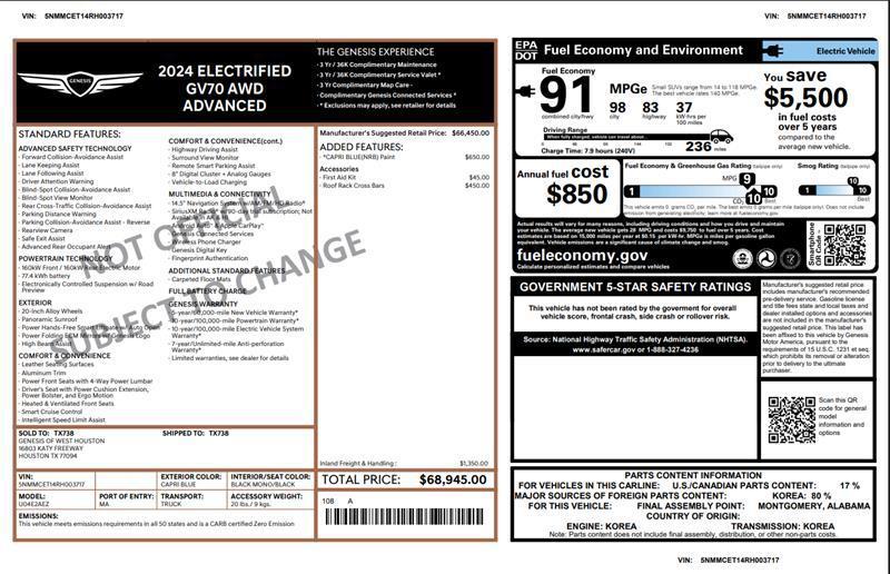 used 2024 Genesis Electrified GV70 car, priced at $30,900