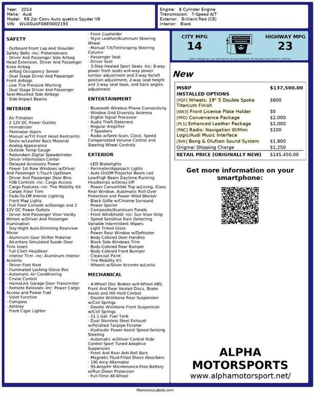 used 2014 Audi R8 car, priced at $67,000