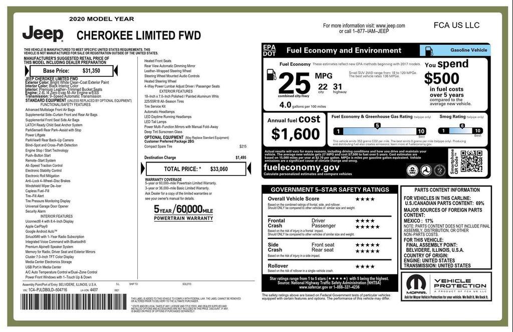 used 2020 Jeep Cherokee car, priced at $15,487