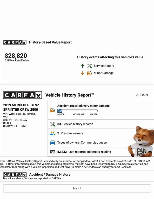 used 2019 Mercedes-Benz Sprinter 2500 car, priced at $28,888