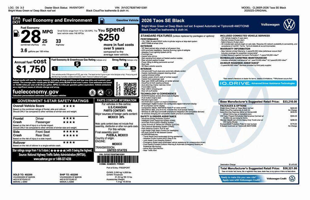 new 2026 Volkswagen Taos car, priced at $33,821