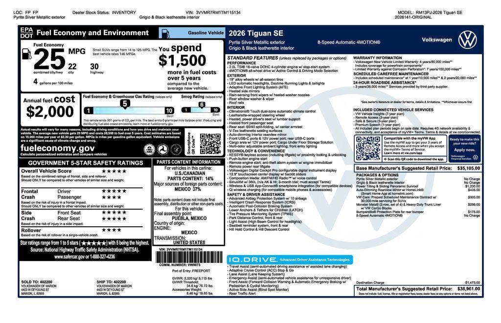 new 2026 Volkswagen Tiguan car, priced at $35,461