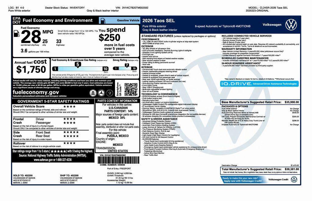 new 2026 Volkswagen Taos car, priced at $35,881