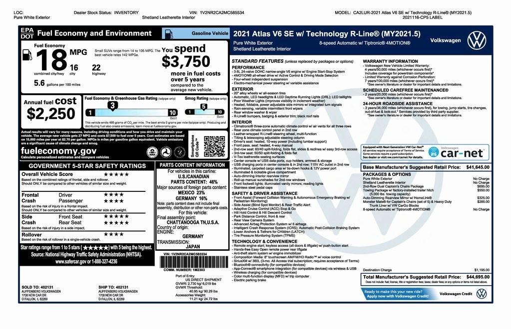 used 2021 Volkswagen Atlas car, priced at $23,000
