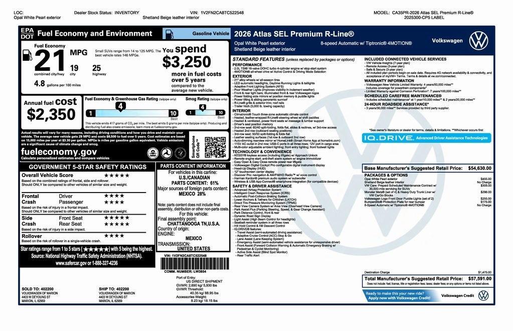 new 2026 Volkswagen Atlas car, priced at $54,591