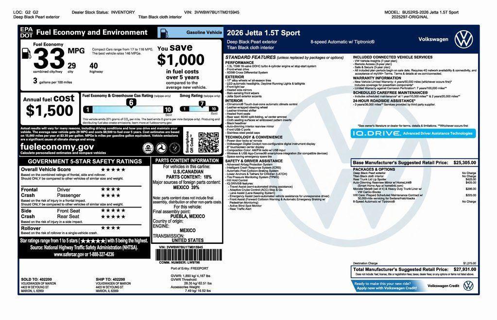 new 2026 Volkswagen Jetta car, priced at $25,931