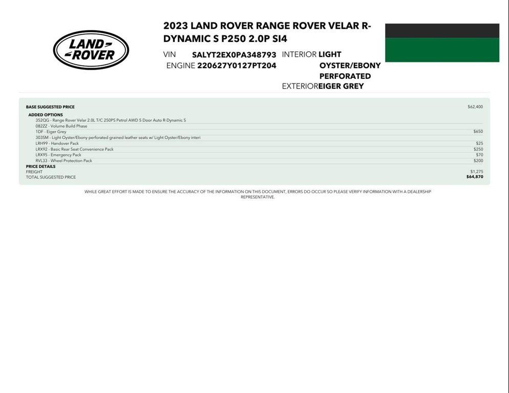 used 2023 Land Rover Range Rover Velar car, priced at $37,484