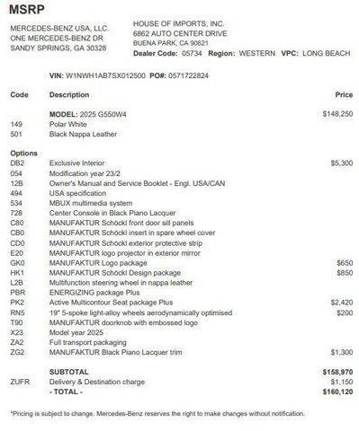 used 2025 Mercedes-Benz G-Class car, priced at $145,994