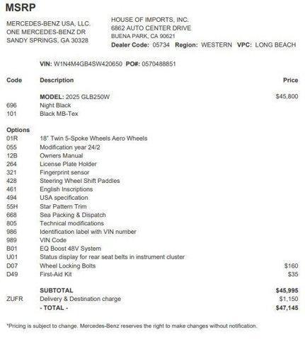 used 2025 Mercedes-Benz GLB 250 car, priced at $39,977