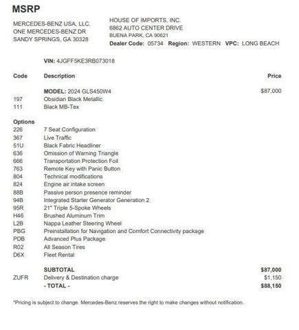 used 2024 Mercedes-Benz GLS 450 car, priced at $63,990