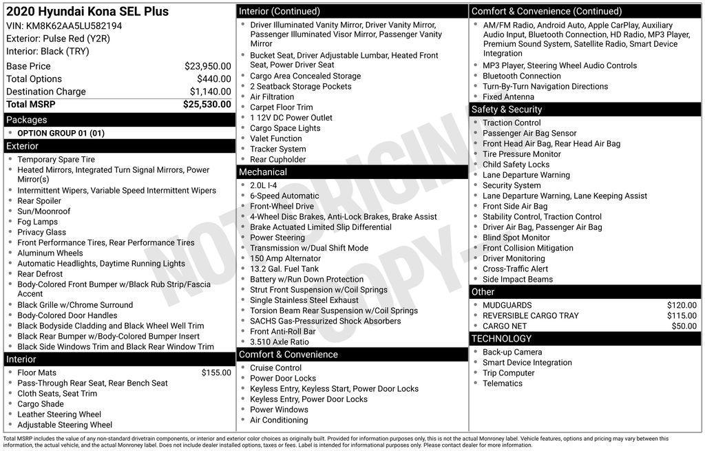 used 2020 Hyundai Kona car, priced at $15,193