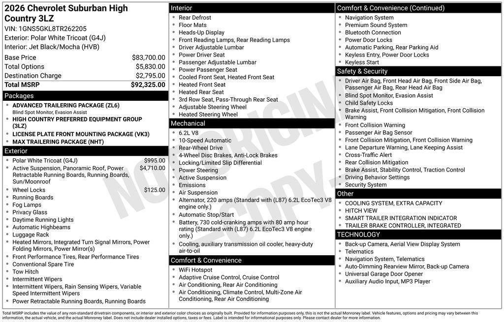 new 2026 Chevrolet Suburban car, priced at $87,115