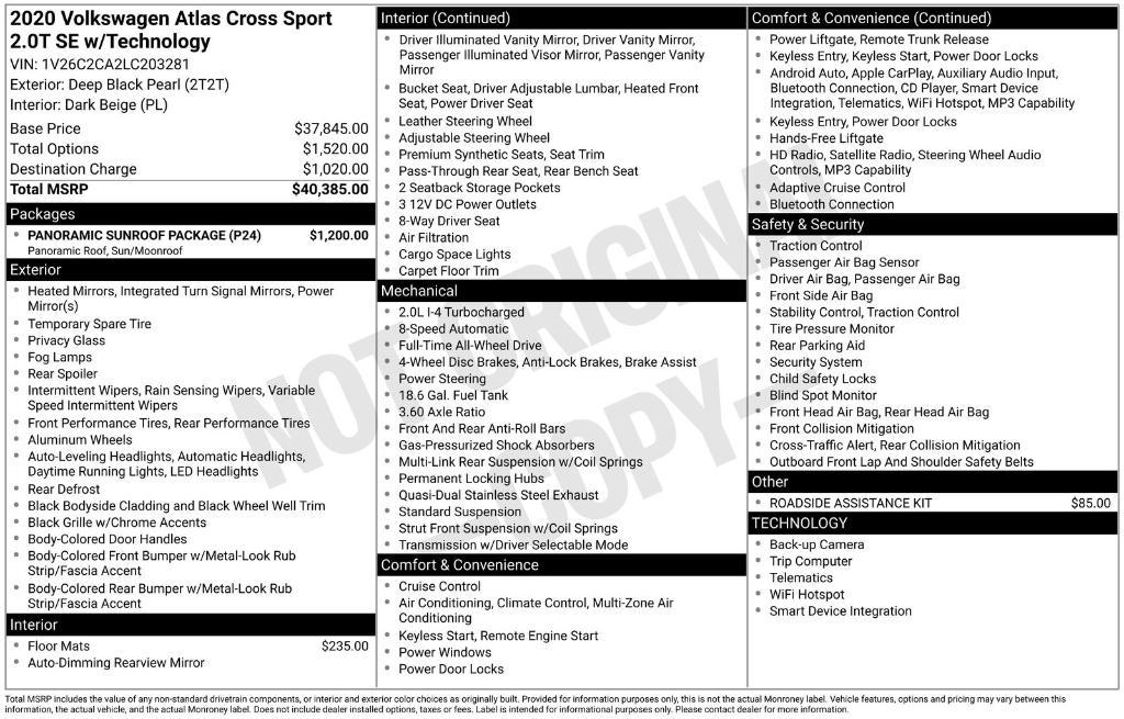 used 2020 Volkswagen Atlas Cross Sport car, priced at $19,000