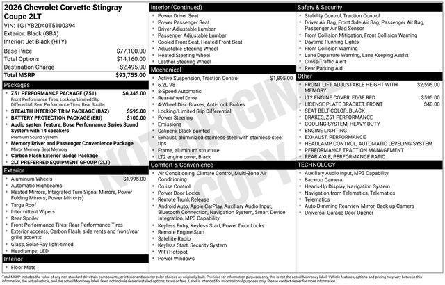 new 2026 Chevrolet Corvette car, priced at $85,458