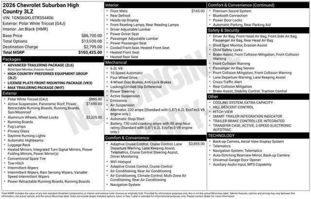 new 2026 Chevrolet Suburban car, priced at $94,814