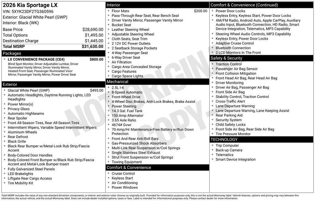 new 2026 Kia Sportage car, priced at $30,060