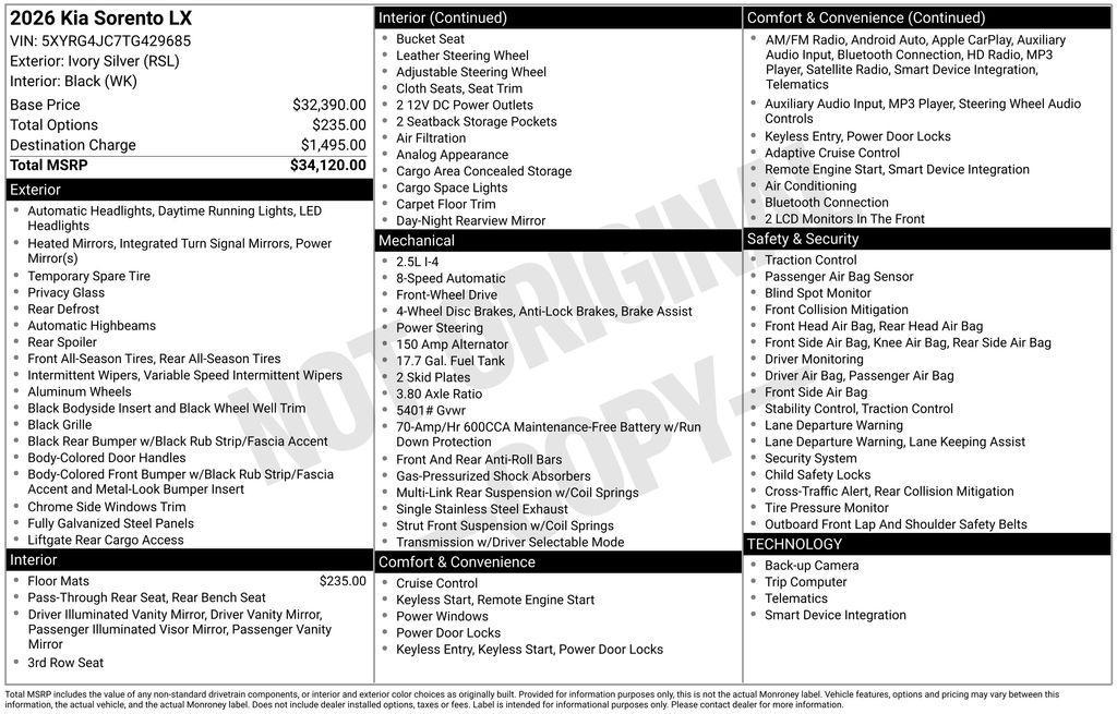 new 2026 Kia Sorento car, priced at $31,870
