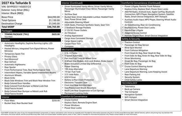new 2027 Kia Telluride car, priced at $46,765